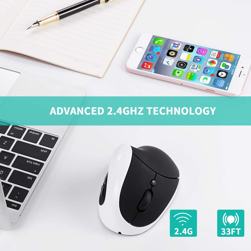 AURTEC Left-Handed Mouse, Rechargeable 2.4G Wireless Ergonomic Vertical Mice with USB Receiver, 6 Buttons and 3 Adjustable DPI 800/1200/1600 for Left Hand, White - Image 3